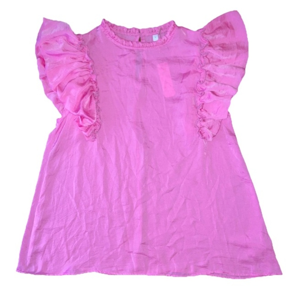 NWT Glam Med Vibrant Pink Voluminous Ruffled Flutter Cap Sleeve Satin Finish Top